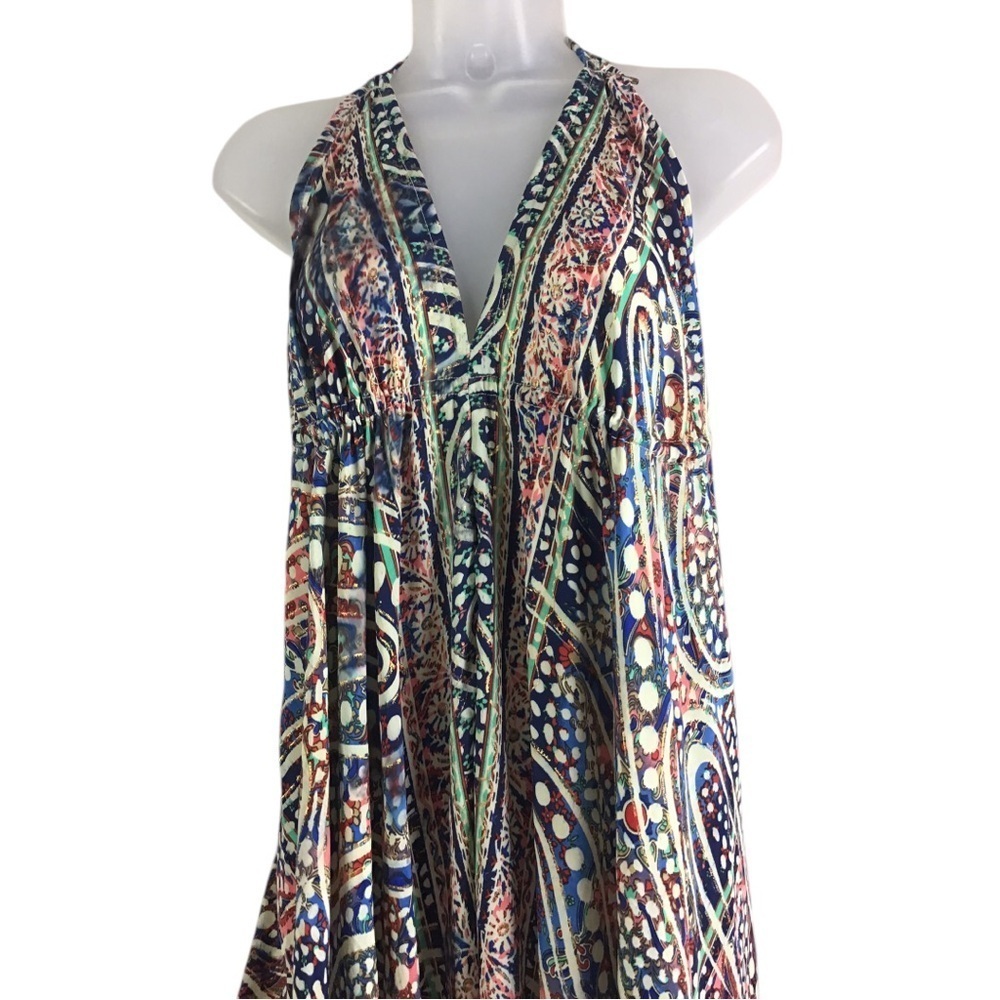 Bigg Bull Silk Boho Backless Halter Maxi Dress Green Blue Gold Metallic - Picture 6 of 13